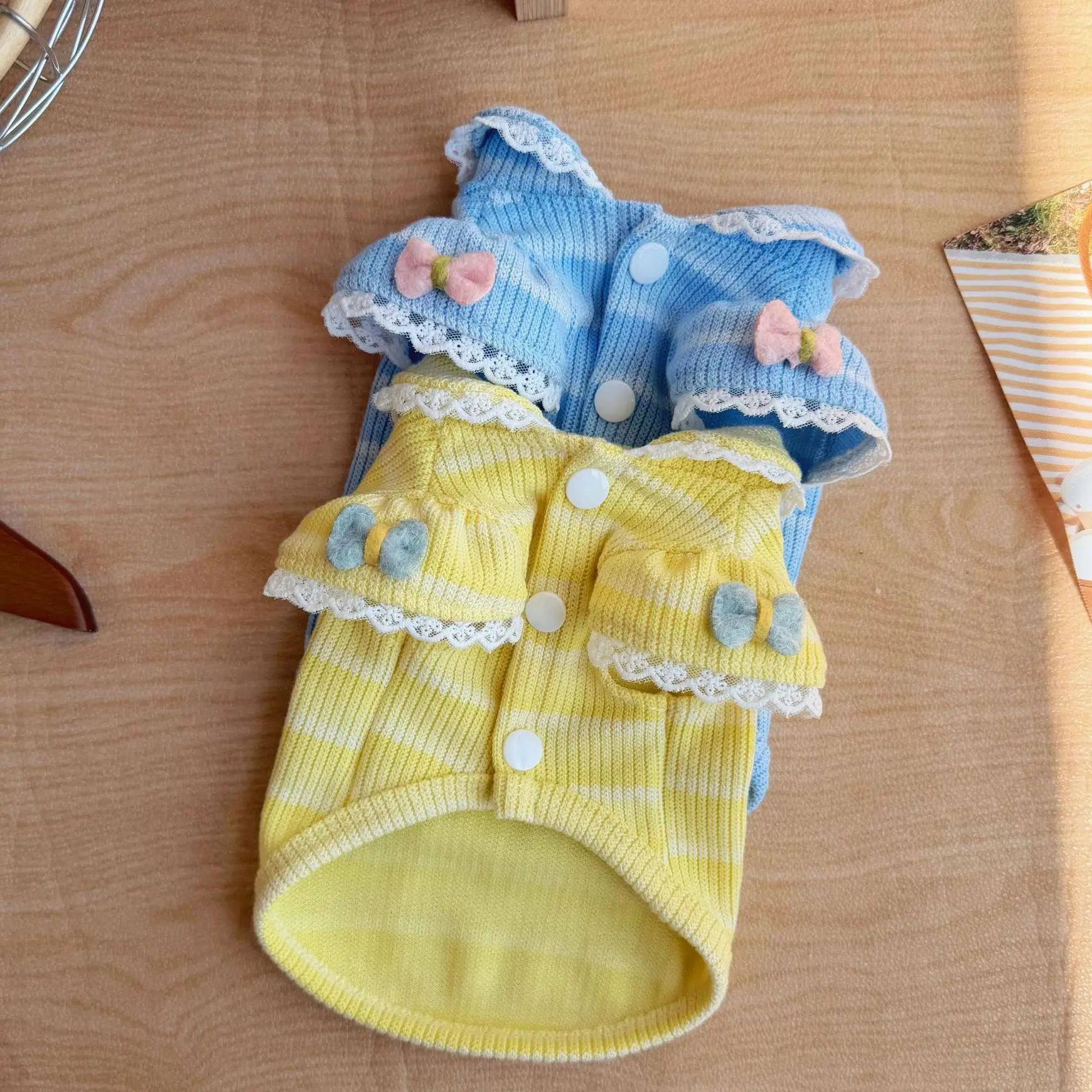 Pet Clothes Dog Cat Bowknot Lace Stripes Bubble Sleeve Button Causal Cute Breathable Comfortable Summer With Leash Ring D00091