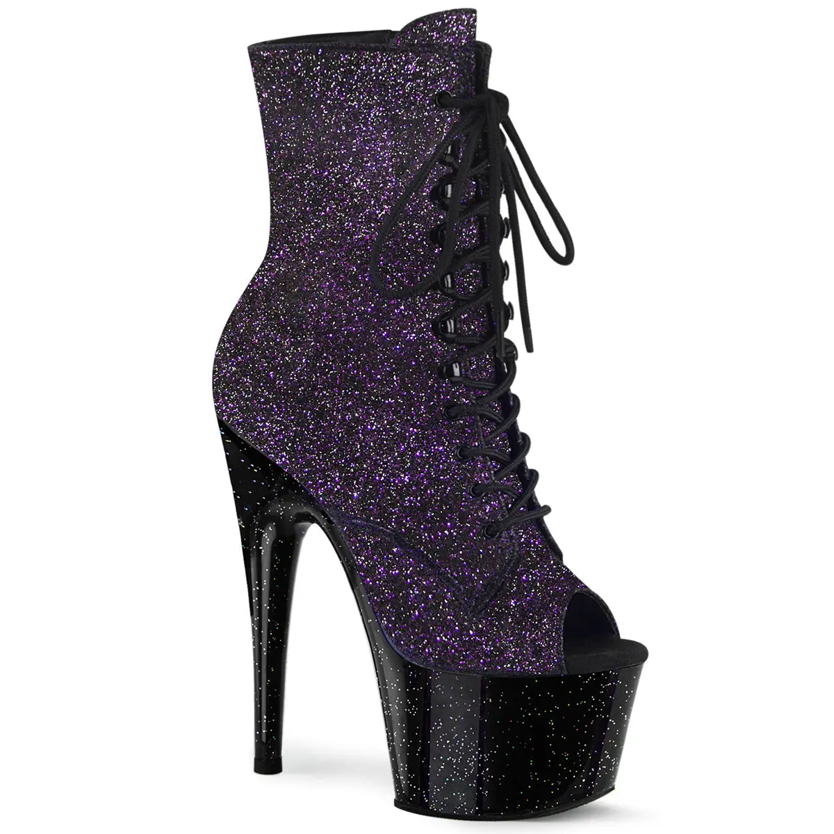 Pleaser Women's Adore-1021MG Platform Ankle Boots, Lace-Up Footwear in Purple with an Iridescent Glitter Finish, 7" Heel, Peep Toe & Zip, Statement Shoes, All Seasons, Mesmerizing Mini Iridescent Glitters, Performances