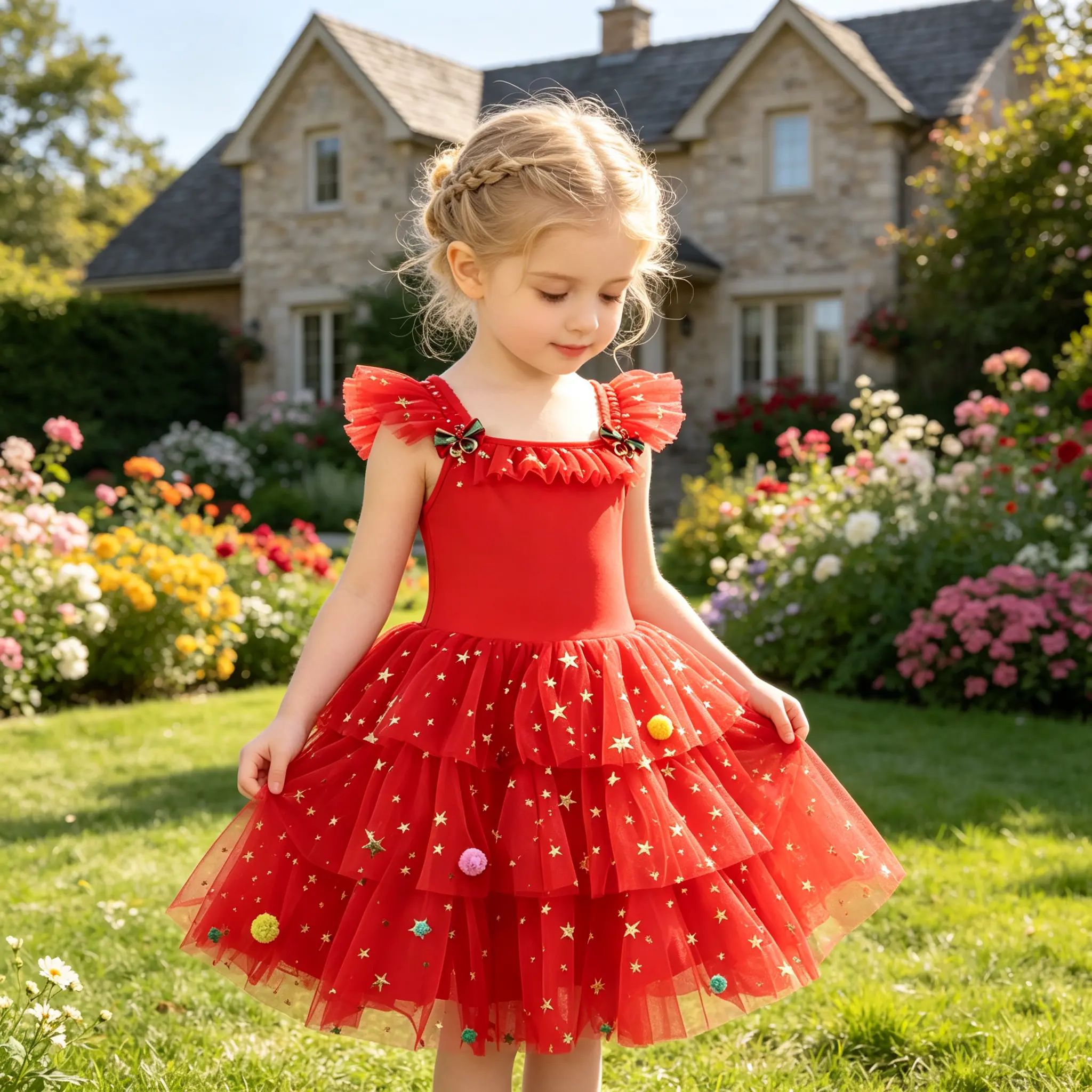 Christmas Red Star Tutu Dress For Little Girls, Frill Shoulder Straps Pom Pom Tiered Tulle Skirt, Holiday Birthday Wedding Flower Girl Party Gown