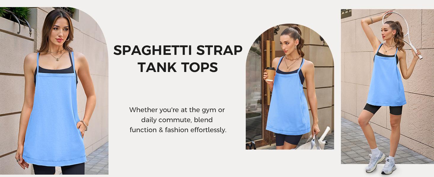 Fisoew Womens Workout Tank Tops Racerback Square Neck Tunics Loose Sleeveless Spaghetti Strap Athletic Shirts SummerVibes