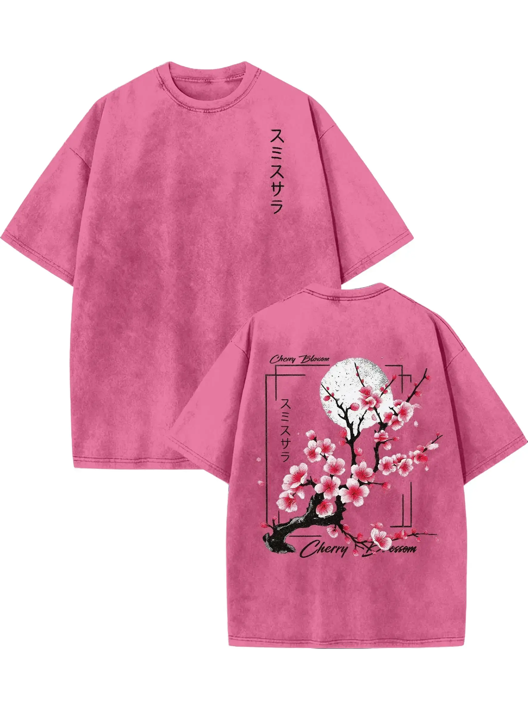 M Streetwear T-Shirt, Men's Short-Sleeve Acid-Washed Top with Japanese Cherry Blossom, Loose Distressed Knit Summer Fashion Apparel, Men's T Shirts, Streetwear Clothing, Graphic Clothing