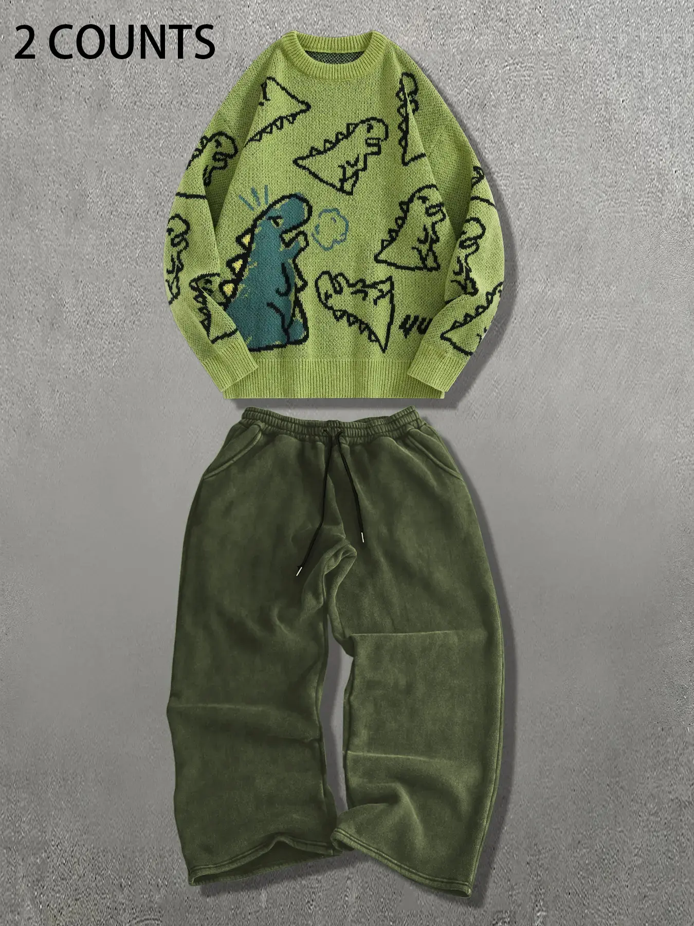 Unisex Dinosaur Print Sweater and Sweatpants Set, Street Style Thick Warm Loose for Fall & Winter, Casual Outdoor Wear for Men & Women