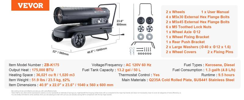 VEVOR Kerosene Forced Air Heater, 70000 BTU Portable Torpedo Diesel Space Heater with Thermostat, 5 Gallon Tank Energy-Efficient heavy-duty Heater, for Indoor Outdoor Use Workshop Industry