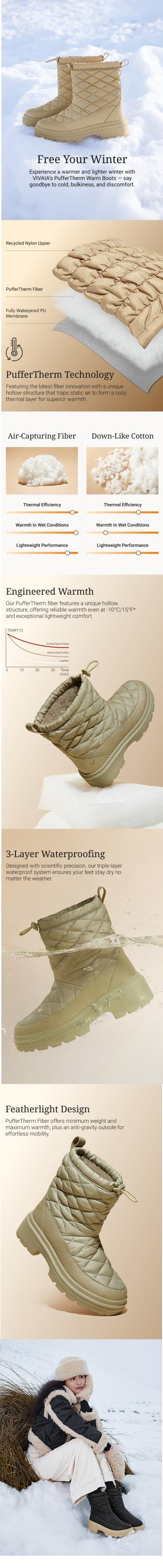 VIVAIA sorel boots women's Theo Waterproof Puffer Boots -10°C Warmth / PufferTherm Insulation / Wool Insole Lightweight / Anti-Slip Sole / Side Zipper Snow Holiday / Ski Trip / Winter Travel (Theo)