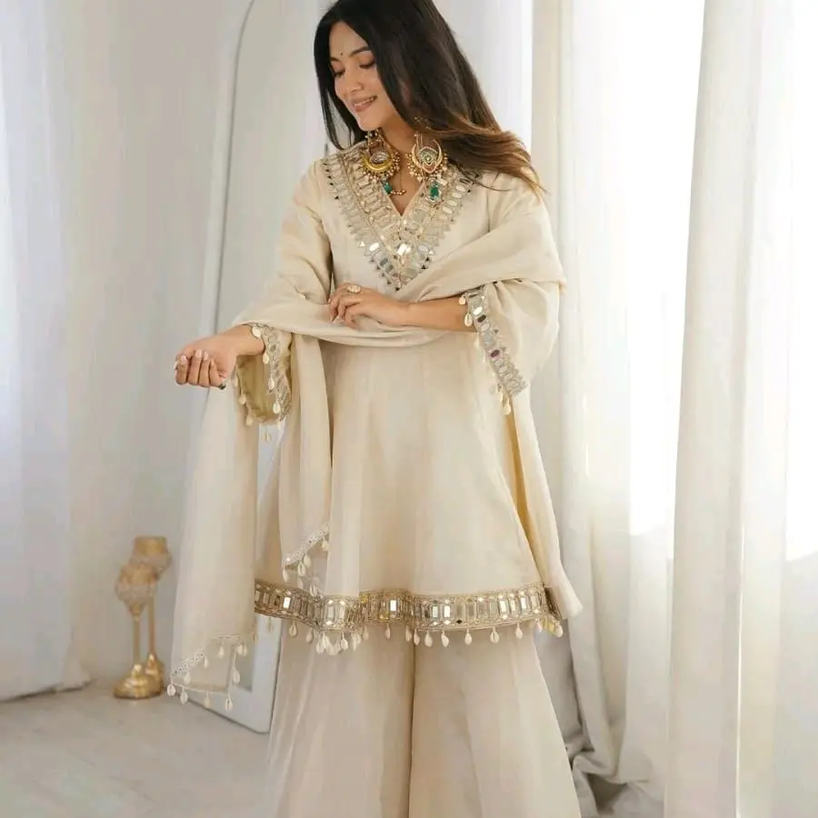 Women's Clothes Cream Sharara Suit with Mirror Work, Shell Embellishments