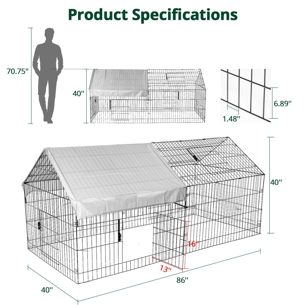 PawGiant 86''x40''Chicken Coop Large Metal Chicken Cage House Waterproof
