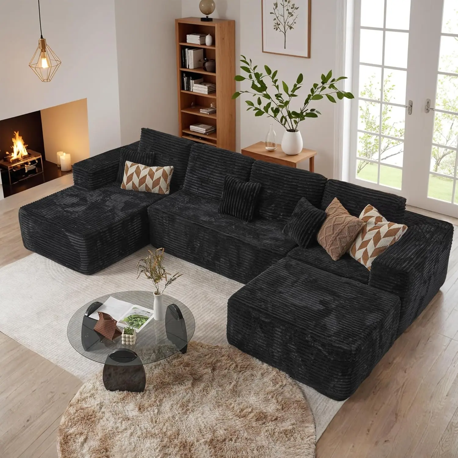 black + ottoman + 7 pillows