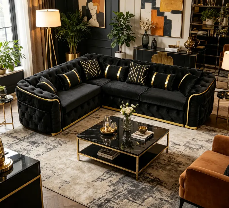 110.5" Luxury Italian Velvet L-Shaped Chesterfield Sectional Sofa - Gold Stainless Steel Decor, Oversized Curved Arm Button-Tufted Couch with 7 Pillows for Living Room Furniture