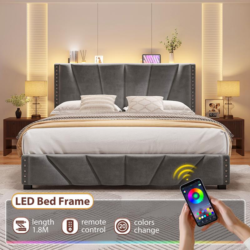 Bed Frame King Size with LED lIghts & Charging Station, Upholstered Queen Bed Frame with Shelves, Luxury Bedframe, Bedroom FurnitureNo Mattress, Noise Free, Holds 880LBS, Wood Slats & Metal Frame, Beige, Gray