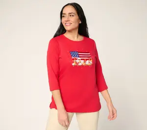 quacker Factory Red, White and Blooms Embroidered 3/4 Sleeve Top
