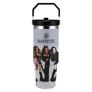 KATSEYE Tour Cartoon 30oz Insulated Tumbler K-Pop Fan Car Cup Double-Walled Vacuum Stainless Steel Leakproof & Secure Straw Lid Perfect for KATSEYE Fans