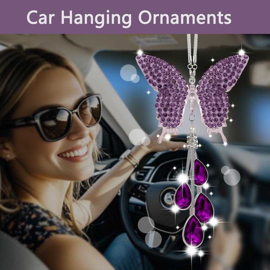 Glam Butterfly Car Mirror Decor with Pearl   Crystal Drops Car Accessories for Her