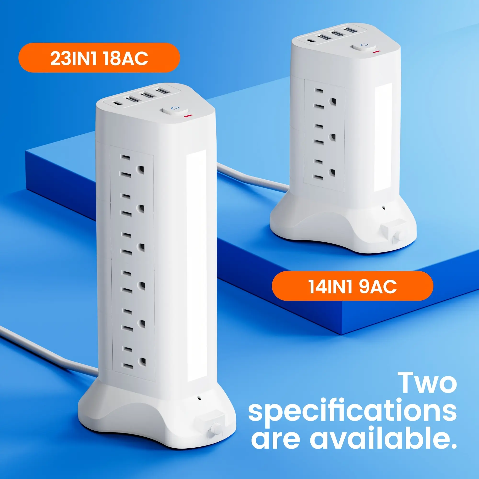 23in1 / 14in1 Power Strip with Overload Protection Featuring 9 AC Outlets 4 USB Ports (including 1 Type-C Port) A Flat Plug 1 Night Light And 1 Independent Switch Suitable for Home Workshop School Travel And Other Scenarios