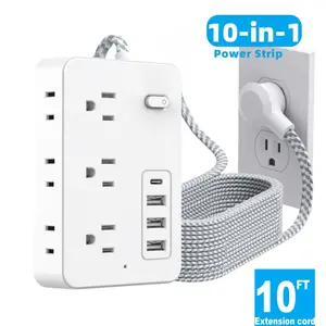 Surge Protector Power Strip with 5-Foot Flat Plug Extension Cord, 6 Wide Outlets and 4 USB Ports (1 USB-C), with On/Off Switch, Overload Protection, Dual Voltage 110V/220V, US Plug for Home Office Use - Rectangle Shape