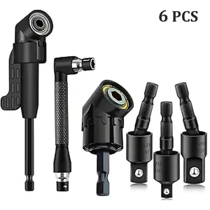6Pcs Right-Angle Drill Bit Accessory, Including 3*360°Rotatable 1/4", 1*(3/8"&1/2") Impact-Grade Socket Adapters, 2*(105°Hex Shank Angle Adapters & 90°Right-Angle Drill Bit),Heavy-Duty Tool Kit