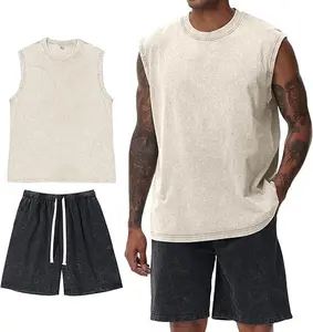 Holafish  Man's Shorts Set Acid Wash Sleeveless Shirts Shorts 2 Piece Outfits Summer Cotton Gym Tracksuits