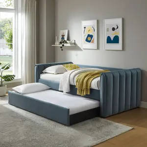 Veyla Channel Tufted Performance Velvet Twin Daybed With Trundle in Cadet Blue