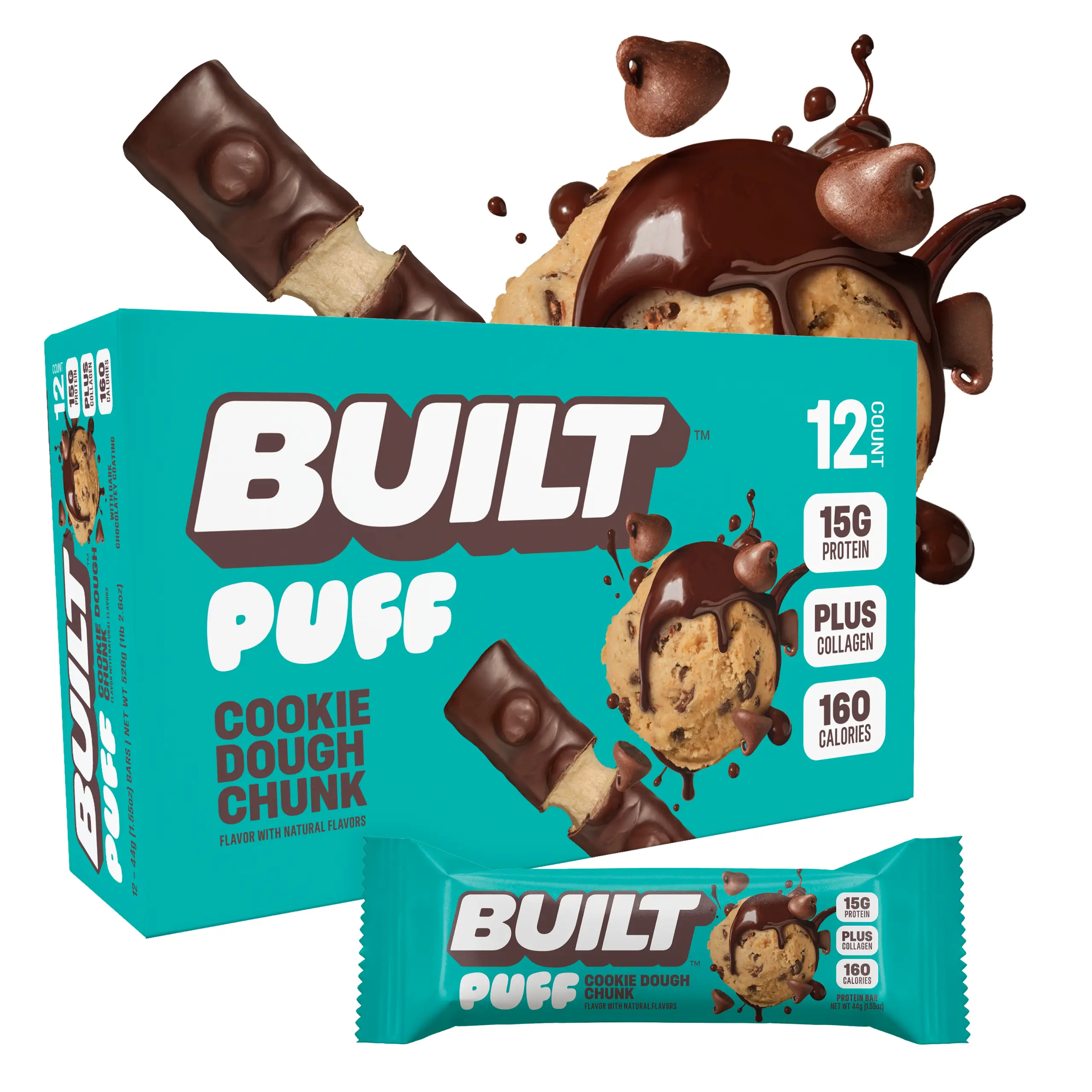 Official BUILT Bar, Puff Protein Bar Snack, Cookie Dough Chunk, Protein Packed Snack, Collagen, 160 calories, Not Gluten Free