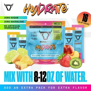 BullFit Hydrate Electrolyte Drink Mix, Tropical Variety Pack, Pink Himalayan Salt, Zero Sugar, Caffeine Free, Potassium, Magnesium, Kiwi Strawberry, Peach Mango, Pina Colada, Coconut Lime, 16 Packets