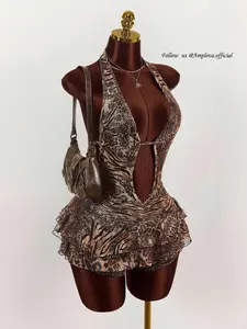 Amplova Women's All-Over Print Hollow Out Backless Sexy Sleeveless Bodysuit Leopard Print Dress