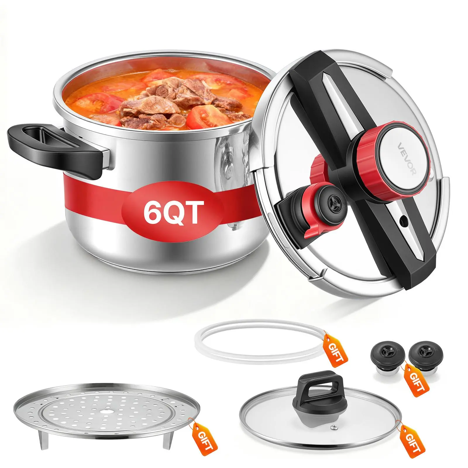 【Summerfinds】VEVOR Pressure Cooker, 6.3Qt Pressure Cooker Stainless Steel, Pressures Canner with Steaming Rack, Tempered Glass Lid, Three Pressures Settings for Meat, Beans, Rice, Soup, Sauces, Cook up to 100 kPa