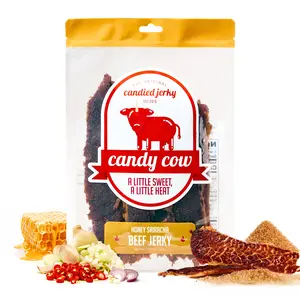 Candy Cow Honey Sriracha, 5oz Bag, Sweet Candied Beef Snack – Sweet First Bite, Bright Garlic Chili Heat, Thai-Style Sriracha, Honey-Glazed Brisket, Resealable