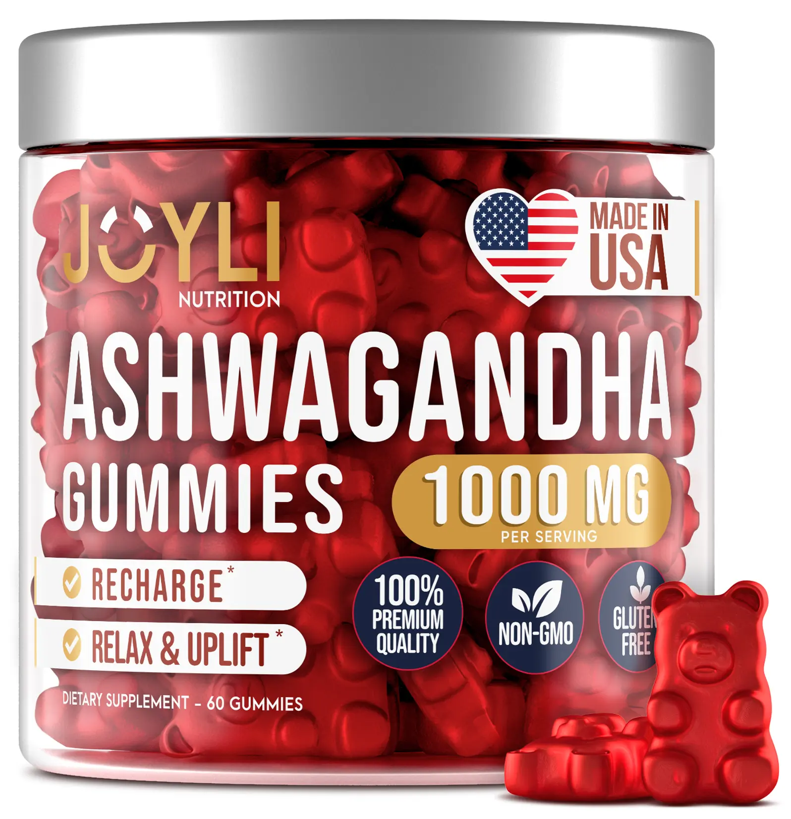 JOYLI Nutrition Ashwagandha Supplement Gummies with Vitamin C & Zinc, Supports Stress Relief, Focus & Memory - 60 Vegan Gummies Chewable Supplement Daily Supplement