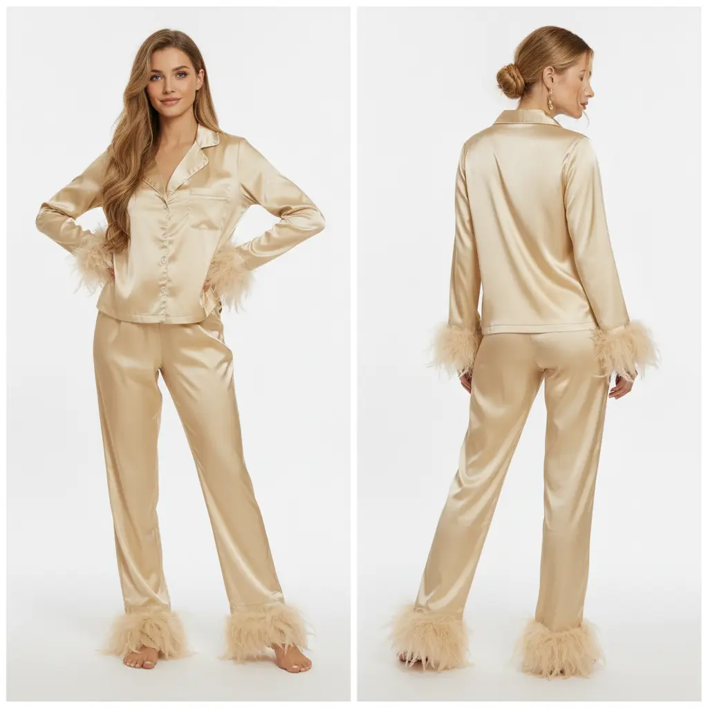 Women's Luxury Satin Pajama Set with Feather Trim Cuffs, Long Sleeve Button-Down Sleepwear Top and Pants, Soft Silk Loungewear with Fluffy Feather Detail, Elegant Nightwear for Bridal Party, Bachelorette, Wedding, Multiple Colors Available
