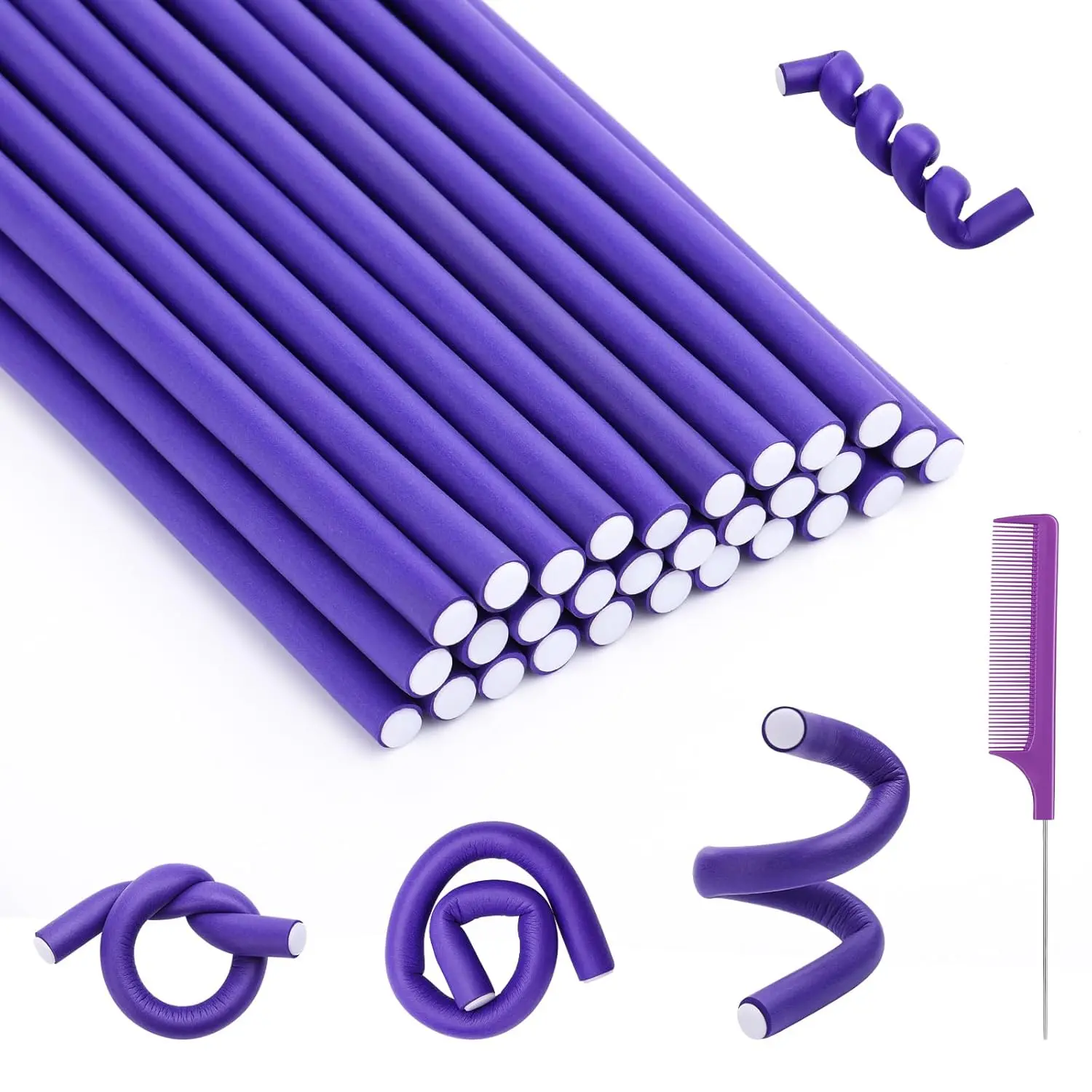 30PCS 9.45" Flexi Rods Curlers Set for Short and Long Hair, No Heat Foam Rollers with Steel Comb