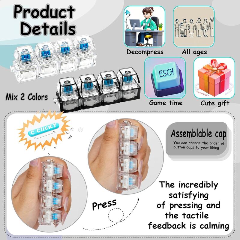 Glowing Keyboard Fidget Toy, 4-In-1 Decompression Button Keychain, Stress Relief Finger Clicker, Transparent Color