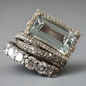 Cocktail Rings - Three-Piece Set with Emerald-Cut Zircon& Pave Bands - Silver-Plated Copper Alloy - Stackable for Nights Out & Special Events Creative Party Ring