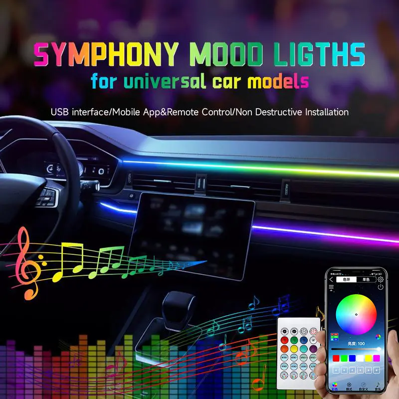 Car LED Ambient Light,USB Powered,Color Cold Light, Decoration Car Accessories Remote Control Atmosphere Lamp，110+35cm Length, Full Color, Hidden App Remote, Atmosphere Light
