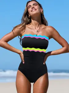 Popvil Bandeau Color Block One Piece Swimsuit With Removable Straps, Back Tie Design Tummy Control Neon Swimsuit for Women, Neon One Piece
