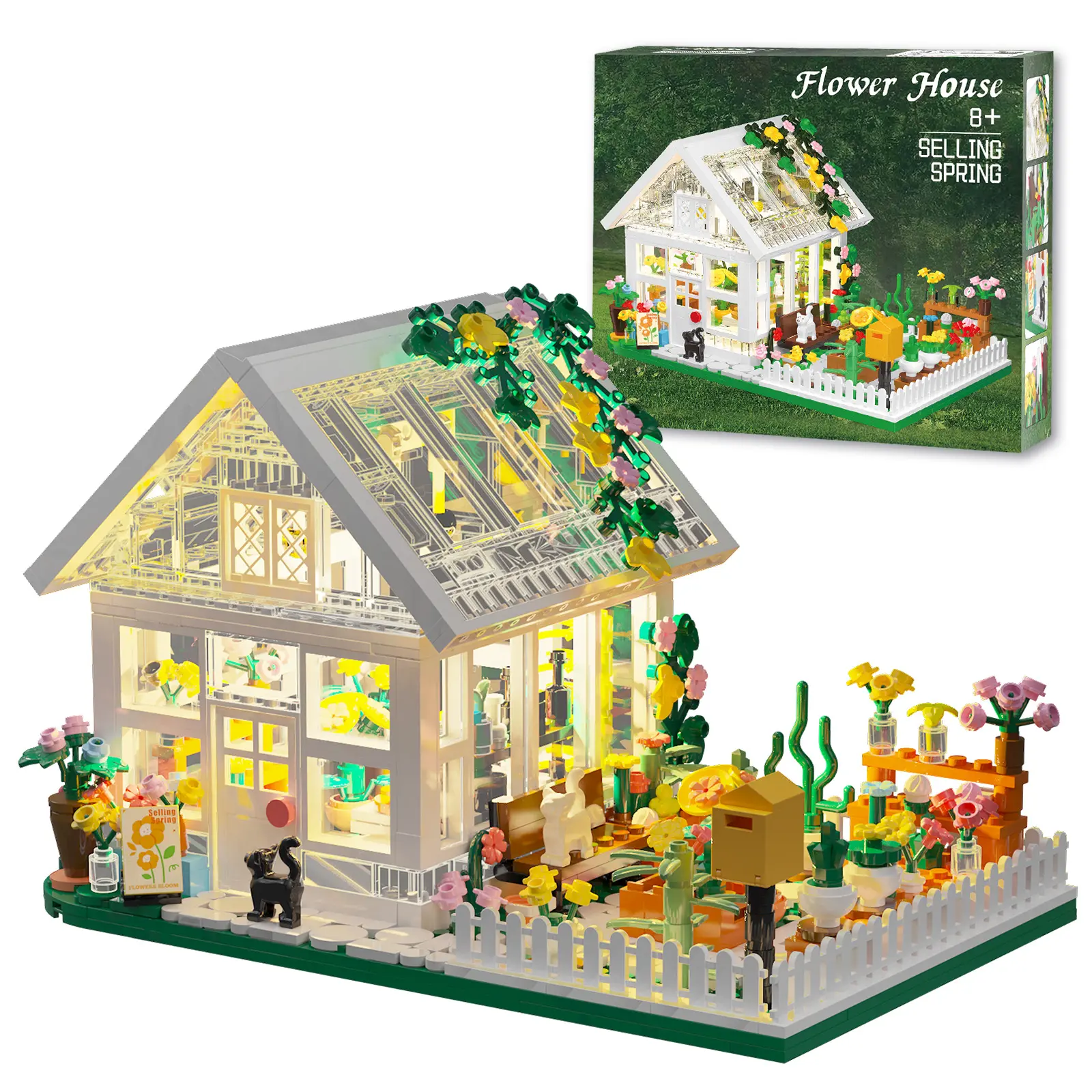 HEGOAI 758-Piece LED Glowing Model Building Kit, Unisex STEM Plastic Blocks Toy with City Street View Greenhouse Design, Cool Gifts for Kids for Creative Play & Christmas Home Decor, LED Glow Display