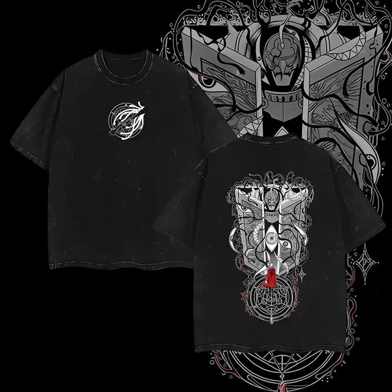 Menswear Edward Elric Gate of Truth Graphic T-Shirt - Fullmetal Alchemist Casual Oversized Washed Heavyweight Cotton Short-Sleeve Round Neck Tee