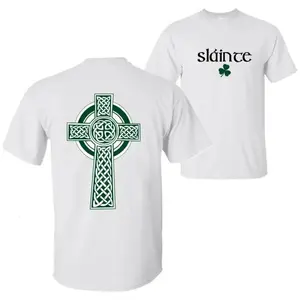 St. Patrick’s Day Sláinte Sweatshirt/Hoodie/T-Shirt, Irish Gaelic Cheers Shamrock Front, Celtic Cross Back Print Shirt, Irish Pride Gift, For Men and For Women