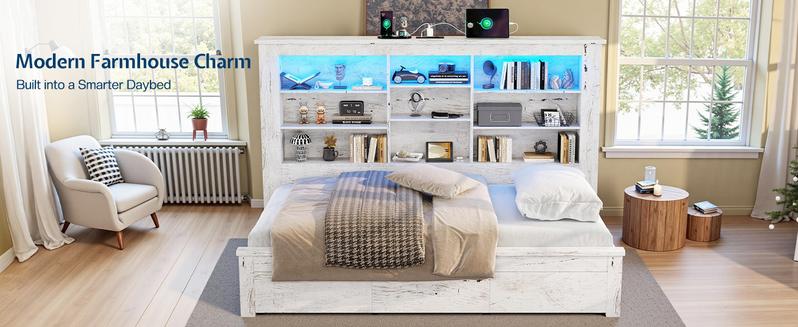 AMERLIFE Twin Daybed with Bookcase Headboard, USB-C Charging, RGB Lights & 3 Drawers, No Box Spring Needed, Farmhouse Wood Bed Frame for Teens, Dorms, Guest Room, Black/Best Gift Ideas/Christmas Gifts AMERLIFE Twin Daybed with Bookcase Headboard, USB-C Charging, RGB Lights & 3 Drawers, No Box Spring Needed, Farmhouse Wood Bed Frame for Teens, Dorms, Guest Room, Black/Best Gift Ideas/Christmas Gifts
