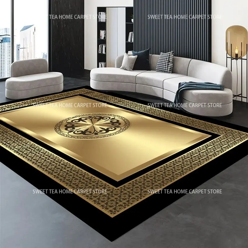 Luxury 2D Gold Black Medallion Flannel Area Rug, Decorative Rug - Vintage Ornate Border Print Soft Mat for Living Room, Home Decor Rugs, Non-Slip Modern Home Decor #LuxuryGoldRug #BlackGoldMedallionMat #ModernHomeDecor #OrnateCarpet #NonSlipFlannelRug