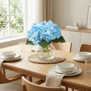 Blue Fake Flowers, Artificial Hydrangea Flowers with Vase & Fake Water, Silk Faux Flower Arrangements for Coffee Table Decor, Bathroom Plant Decor