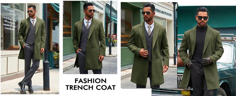 Runcati Mens Trench Coat Notched Lapel Double Breasted Mid Long Pea Coat Casual Fall Winter Classic Overcoat with Four Buttons and Structured Silhouette Runcati Mens Trench Coat Notched Lapel Double Breasted Mid Long Pea Coat Casual Fall Winter Classic Overcoat with Four Buttons and Structured Silhouette