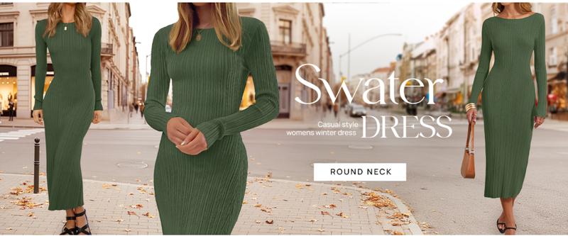 MEROKEETY Women's 2025 Long Sleeve Bodycon Sweater Dress Fall Winter Crew Neck Ribbed Knit Maxi Dresses