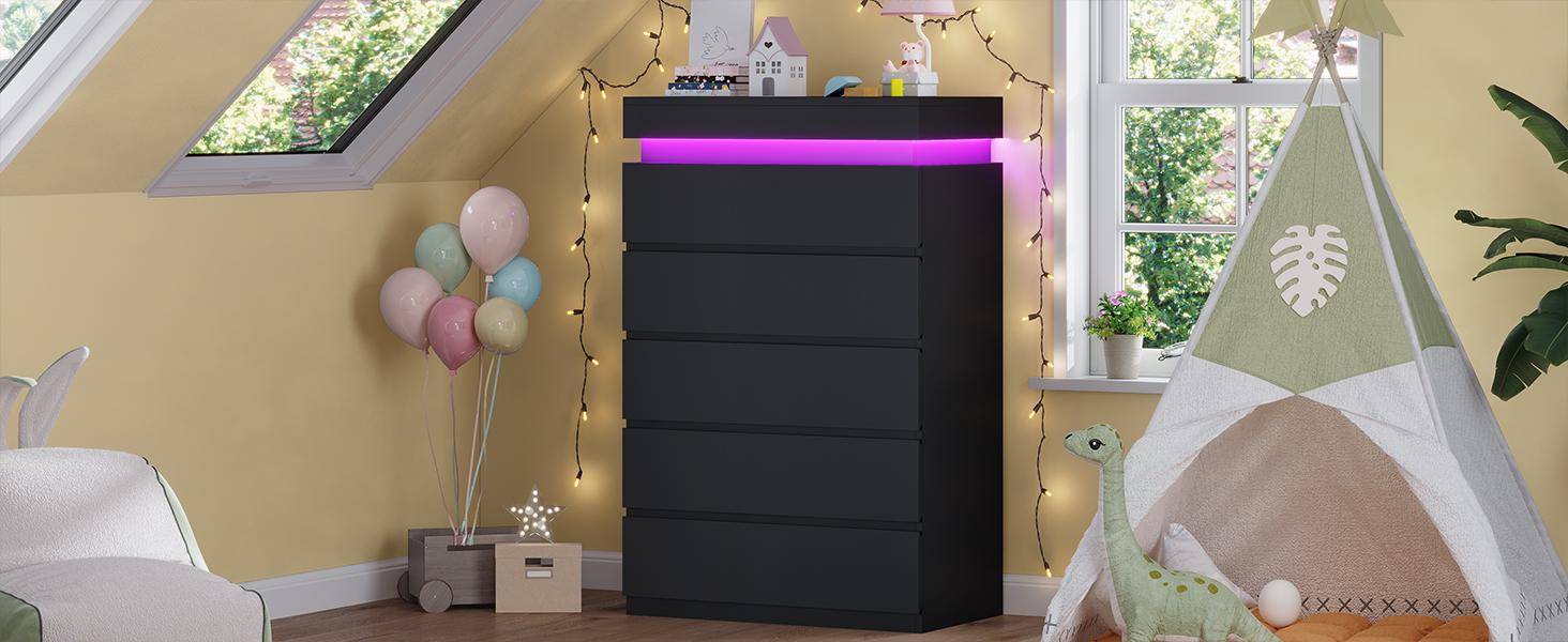 Sikaic LED Tall 5 Drawer Dresser, Modern Chest of Drawers, Closets Dressers with Drawers for Bedroom, Living Room, Entryway, Hallway