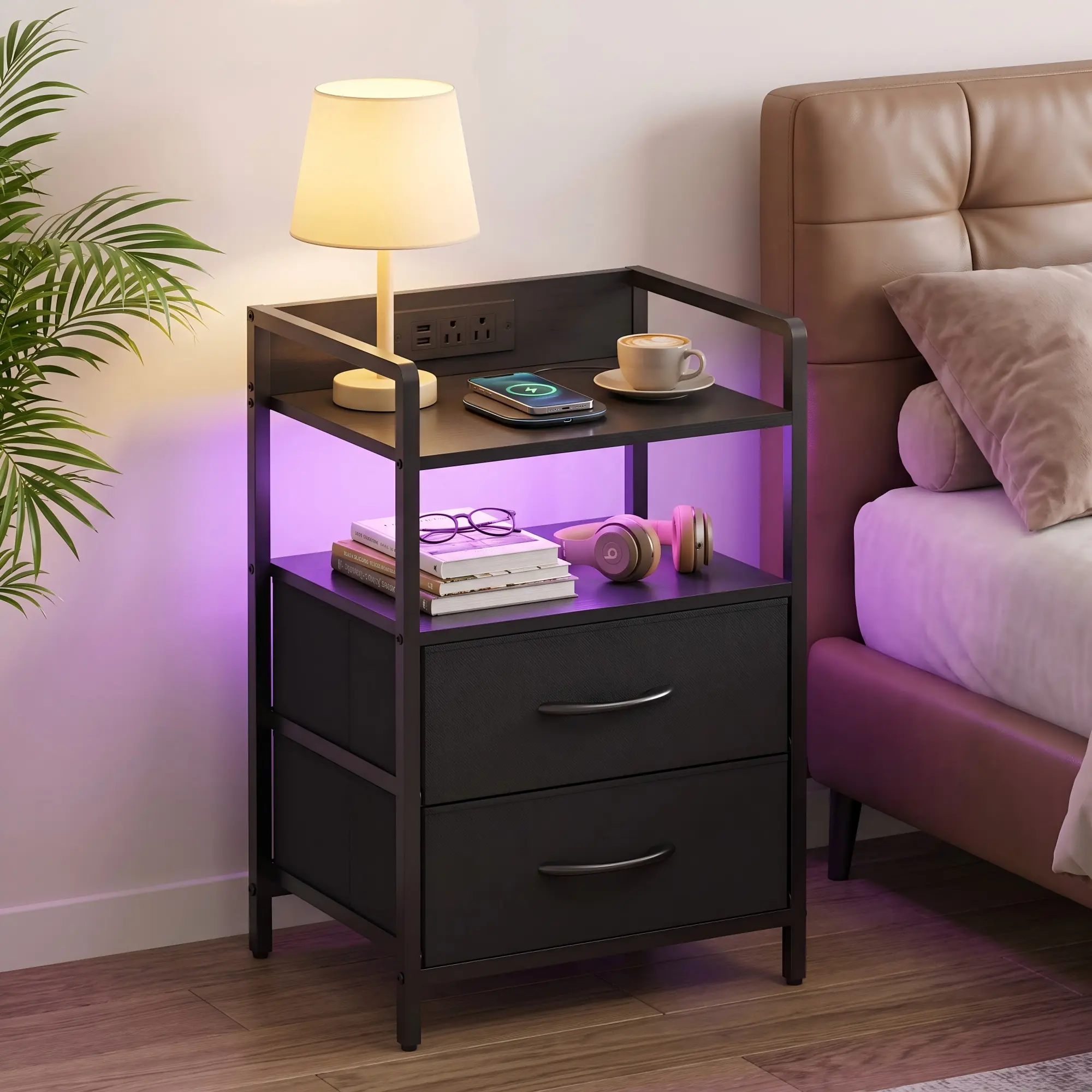 Night Stand with Charging Station, 2 Fabric Storage Drawers with PU Finish, Nightstand with Charging Station and App-Controlled Adjustable LED Lights Small Bedside Table, Black