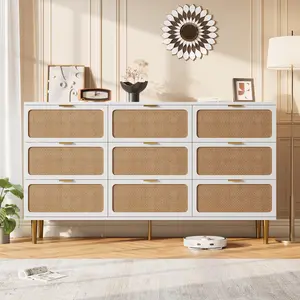 Garvee Rattan 9 Drawer Tall Dresser with Deep Drawers, Large Wooden Chest of Drawers for Bedroom, Closet, Living Room, Hallway, and Kids Room, White Finish with Wide Top Surface