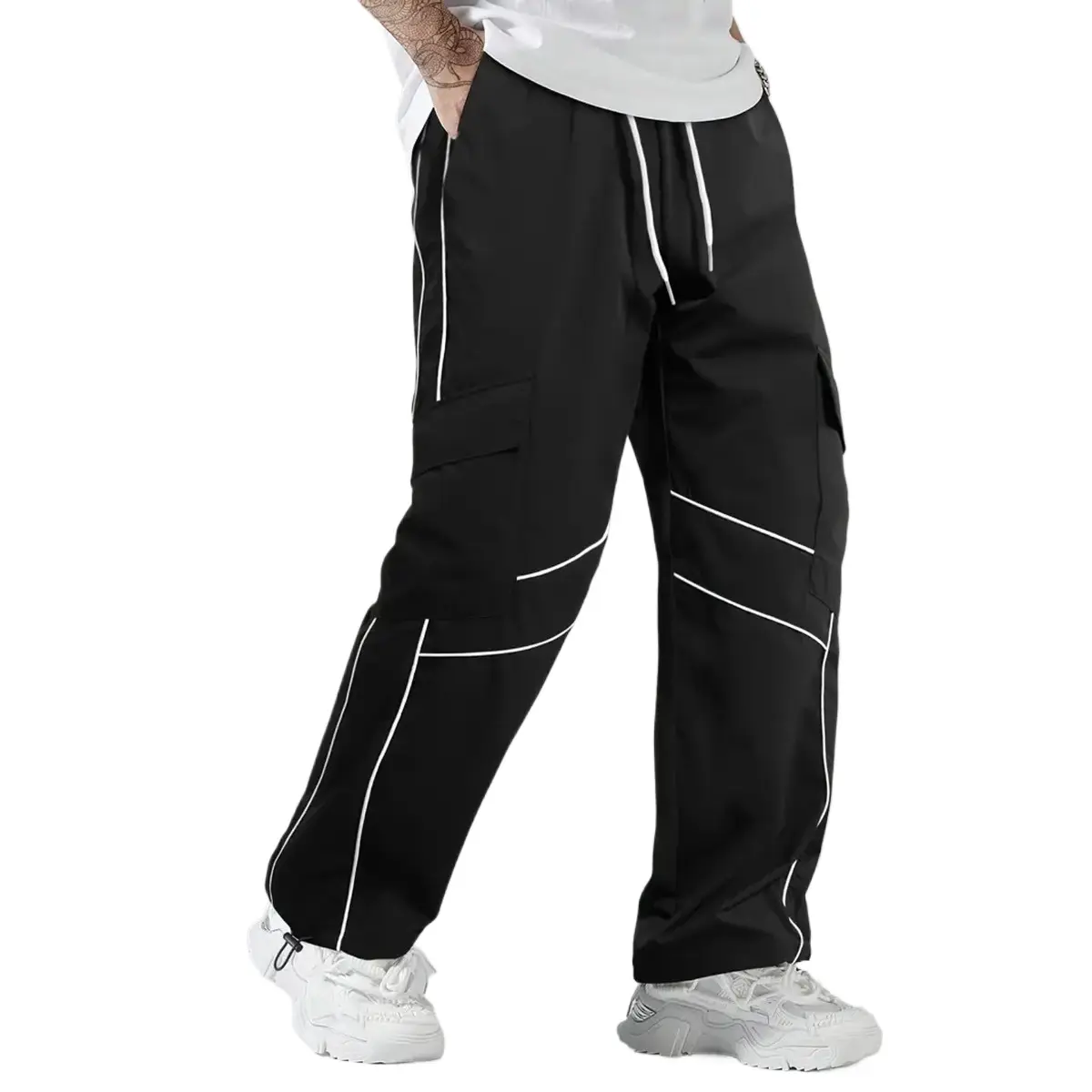 Men's Side Stripe Cargo Pants, Contemporary Loose-Fit Polyester Streetwear for Casual Wear