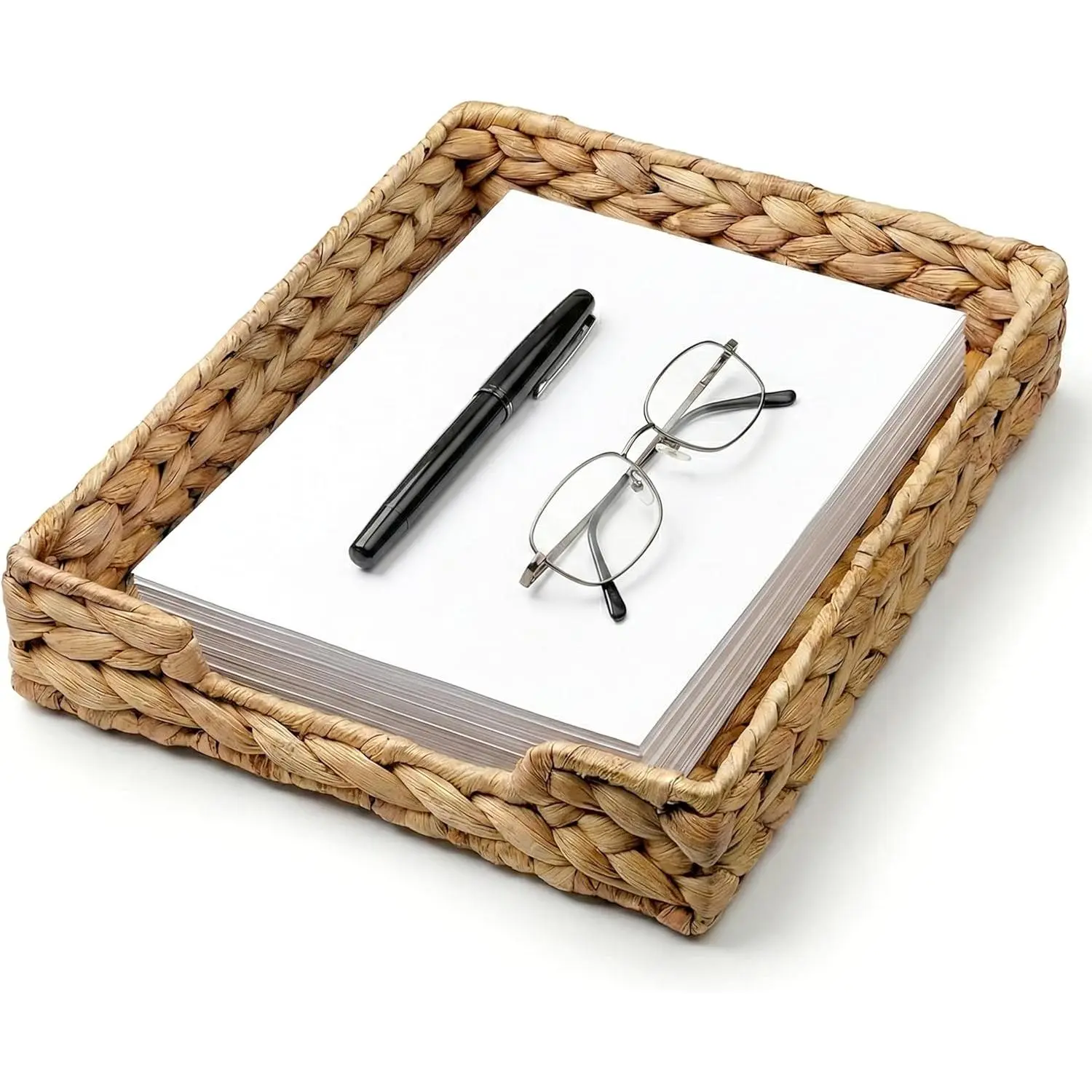 Demigo Water Hyacinth Letter Tray - Eco-Friendly Coastal Desk Organizer with Metal Frame, Sturdy Woven Storage for Mail, A4 Files, Binders, Folders, Entryway Table Use, Handmade Decorative Magazine & Newspaper Baskets