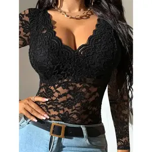 A ladies' black lace blouse with netting and a short sleeve design, resembling a "ladie" style.（gift）