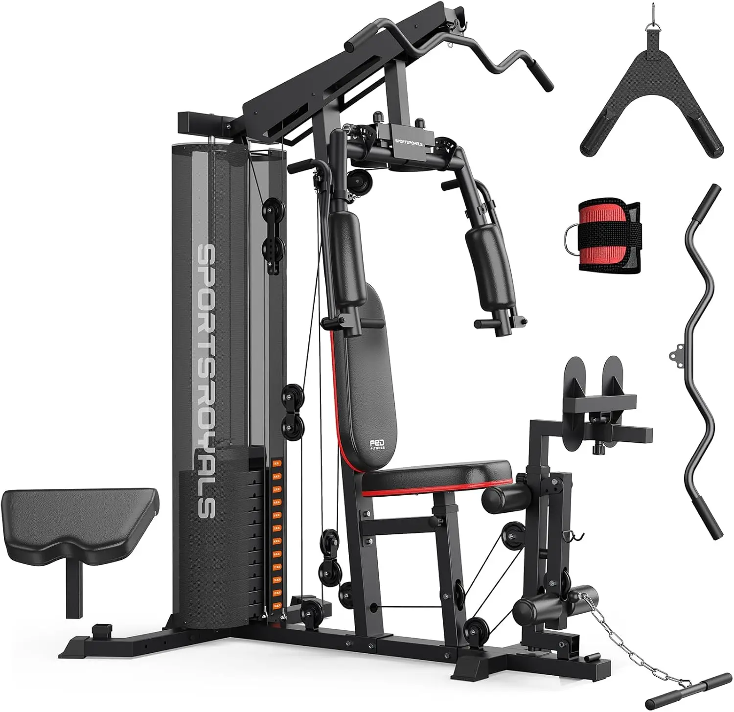 FED Fitness Sportsroyals Series MW1 Multifunctional Workout Station with Leg Press, 150LBS Weight Stack Full Body Workout Equipment for Home Exercise Fitness Strength Training【live only】