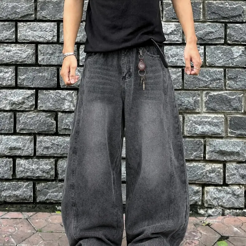 Men's Classic Baggy Denim Jeans - 90s-2000s Retro Vintage Clothes, Washed Charcoal Black Rigid Cotton, Oversized Loose-Fit Fashion Streetwear, Casual All-Season Breathable, Raw Wash Vertical Paneled Seams, Sandblasted Whisker Fade