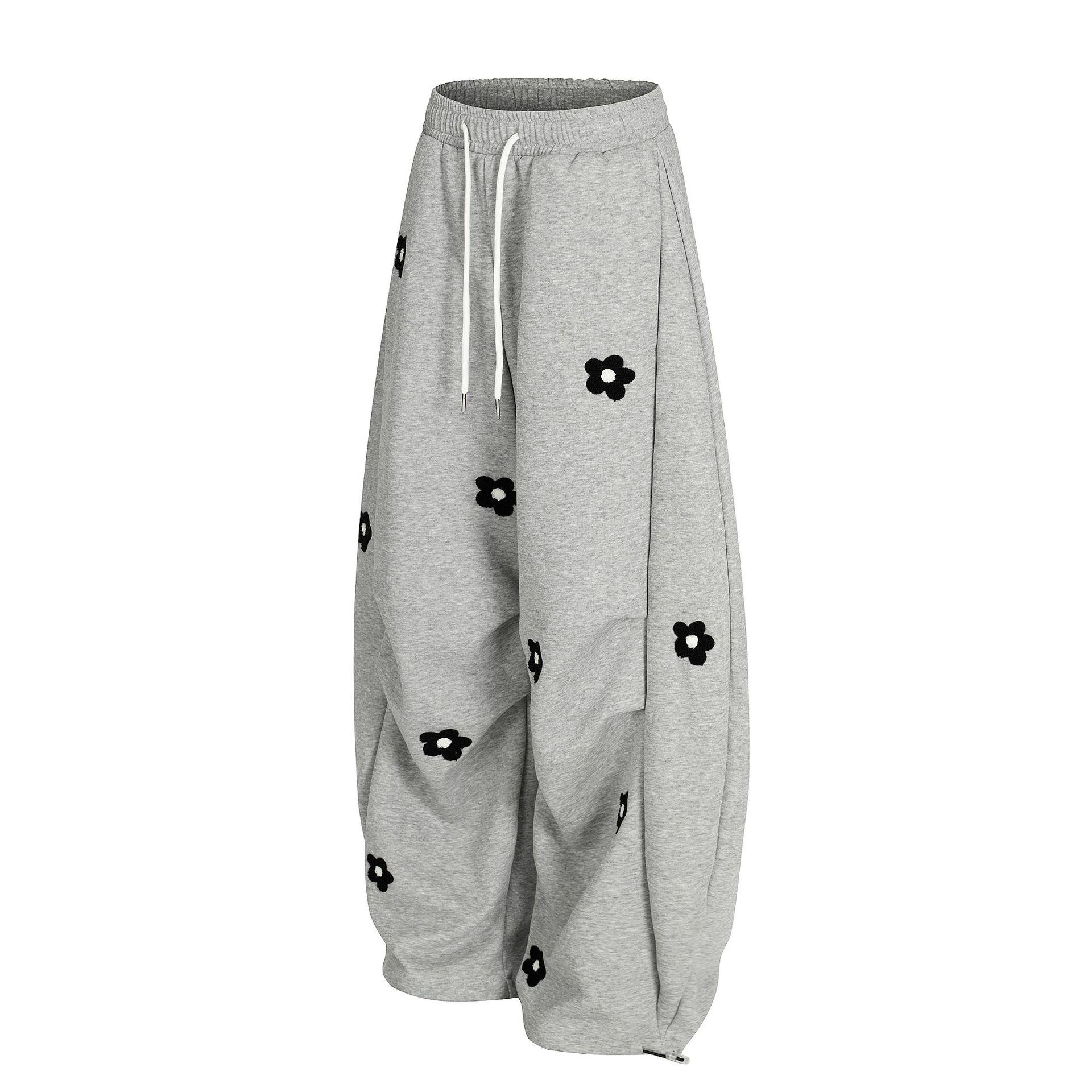 Men's Floral Embroidery Baggy Barrel Sweatpants Elastic Waist Drawstring Casual Y2K Streetwear Loose Fit Vintage Joggers Menswear